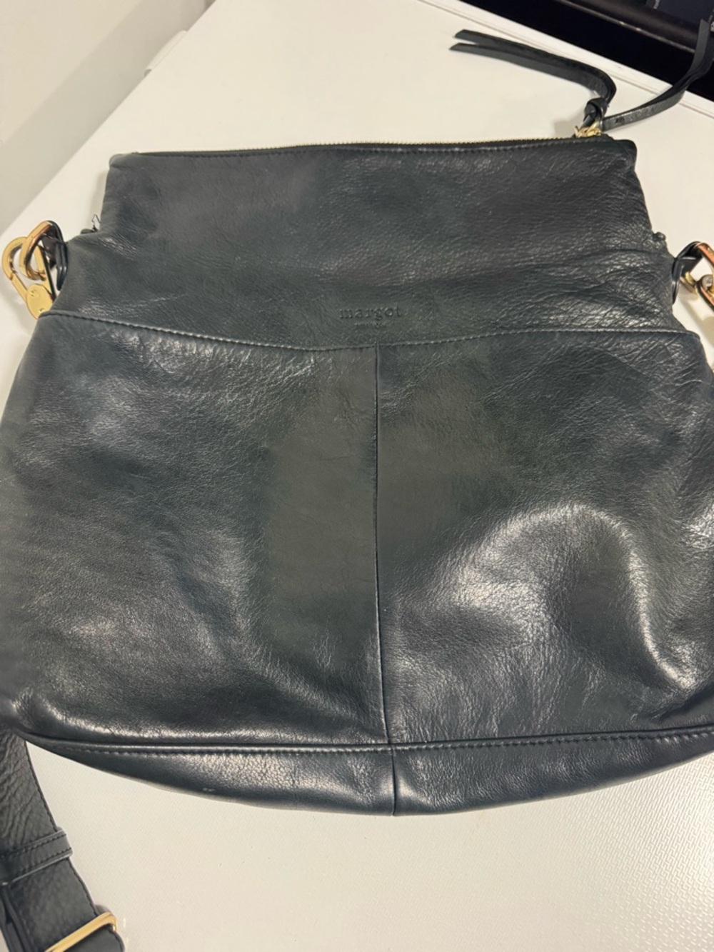 margot Black Leather Shoulder Crossbody with Gold Hardware